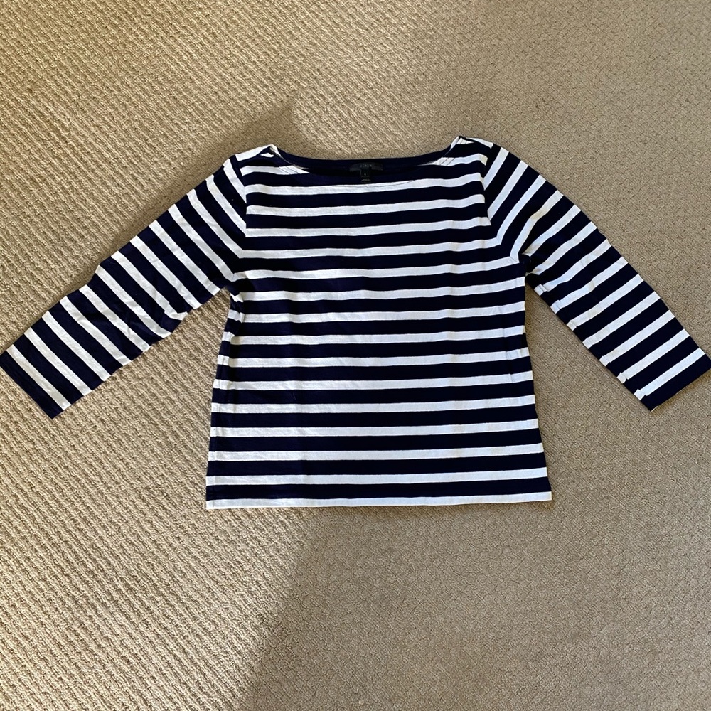 J Crew navy and white crew neck quarter sleeve top